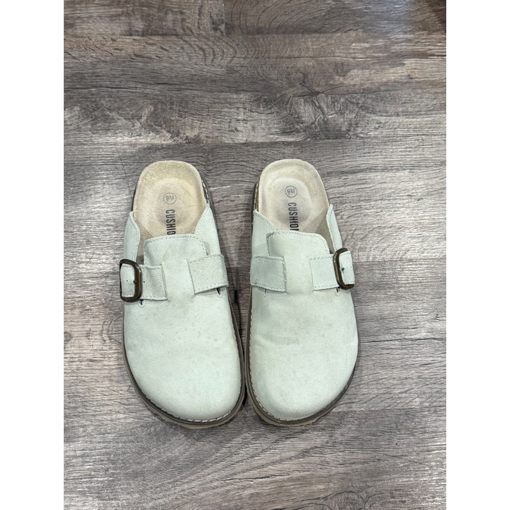 Cushionaire Lane Women 9M Sage Green Suede Cork Footbed Buckle Clogs Mules